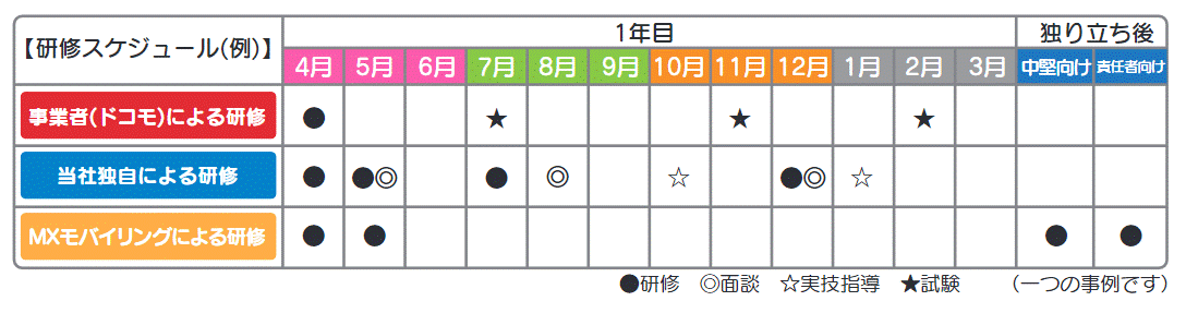 入社：新入社員研修（３日程度）→3ヶ月：個人面談→6ヶ月：新入社員研修・フォロー研修→12ヶ月：巡回指導